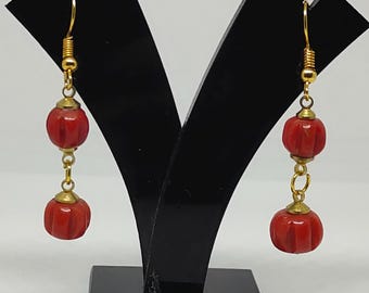 Italian Red Coral Melon Shape Beads Brass Drop Earrings-Handmade Earring Jewellery-Handcrafted Statement Jewelry"