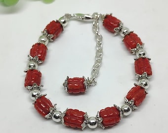 Bracelet à breloques en argent et corail d'Italie naturelle - Bracelet de perles sculptées en corail rouge - Bracelet pour bébé anti-usure, protection des yeux