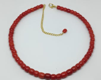 Handmade Oxblood Red Coral Necklace, Gold Brass Beads, Vintage Style