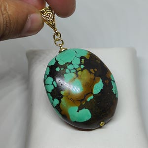 Natural Turquoise Big Cabochon Gold Brass Pendant-Genuine Tibet Turquoise Designing Pendant Necklace-Vintage Jewellery Best For Summer
