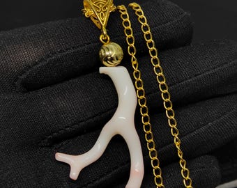 Designing White Pink Salmon Coral Gold Brass Pendant Necklace 16 Inch -Vintage Style-Handmade Pendant-Rare Gemstone Pendant Necklace