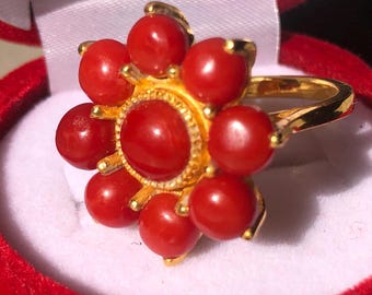 Red Coral Flower Ring – Gold Plated Sterling Silver Statement Ring