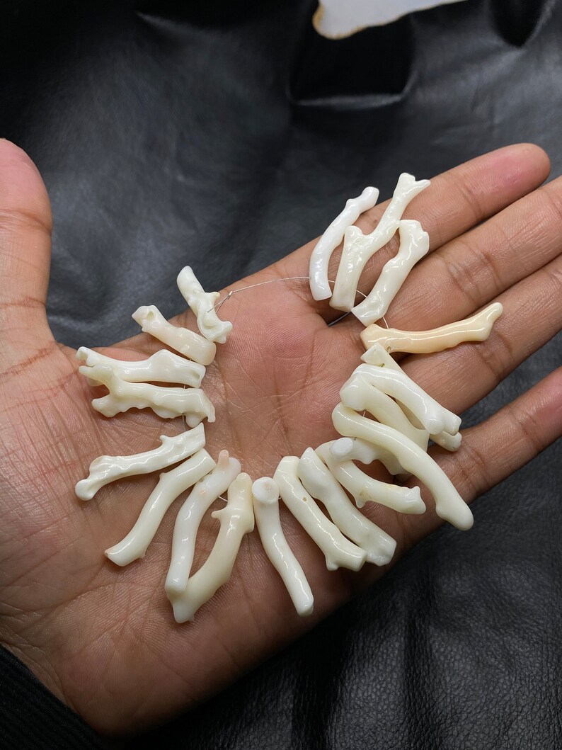 Op de afbeelding: Een streng witte koraal kralen, elke kraal is een tak van koraal met een natuurlijke, organische vorm. De kralen zijn geregen op een dunne draad en zijn klaar om te worden gebruikt voor het maken van sieraden.