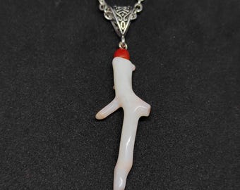 Handmade Coral Tree Pendant Necklace-Silver Plated , 16 Inch-Rice White Red Stick Pendant Necklace-Vintage Antique Pedant Necklace