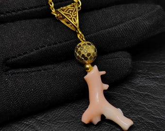 Small Japanese Charm Pendant Necklace-Salmon Pink Coral Necklace-100%Natural White Coral Stick Polished Pendant Necklace 20 Inch