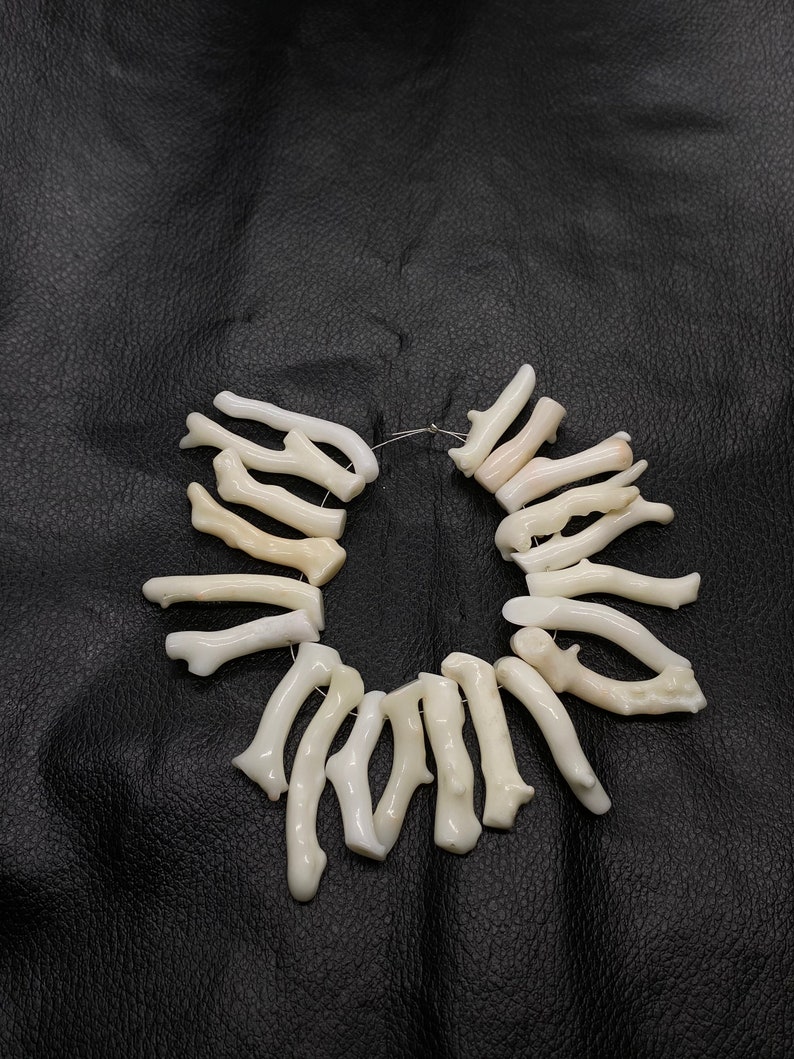 Op de afbeelding: Een witte koraaltak ketting met een zilveren draad lus sluiting. De ketting is gemaakt van natuurlijke koraaltakken en is ongeveer 45 cm lang.