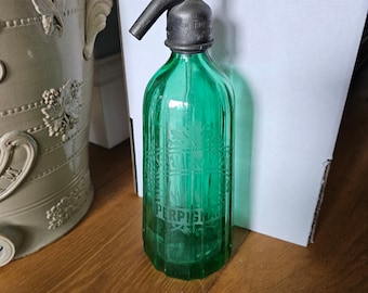 Green French Siphon from Gde Brasserie du Roussillon from Perpignan with original pewter head from the year 1921