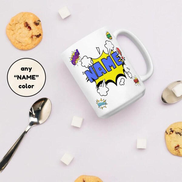 Custom Comic Name Mug, personalized coffee cup, gifts for kids, customized cartoon, special gift for son or daughter