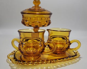 Indiana Glass/Kings Crown Thumbprint/Amber Compote/Creamer-Sugar Bowl & Tray Set/1970s Glass/Amber Thumbprint/Vintage Mid Century Glass