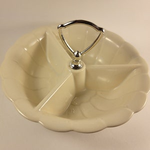 California Pottery #370 Ceramic Divided Bowl, Mid Century USA Pottery/ Silver Handle/Vintage 3 Section Nut Snack Dish