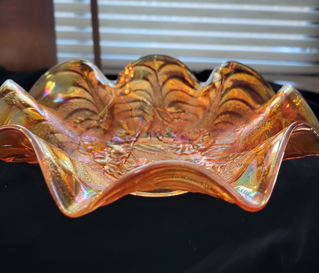 Imperial Glass Marigold Carnival Glass Fluted Dish With Pansy Design Etsy