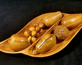 Carved Wood Fruit with Wood Bowl/Vintage Monkey-pod/MCM vintage wood fruit and bowl/Centerpiece or Coffee Table Decor