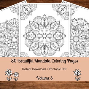 May include: Three black and white mandala colouring pages with intricate designs. The pages are part of a set of 80 printable colouring pages, titled "80 Beautiful Mandala Colouring Pages, Volume 3".