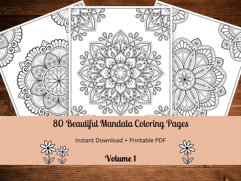 May include: Three black and white mandala coloring pages with intricate designs. The pages are part of a set of 80 beautiful mandala coloring pages, instant download and printable PDF, volume 1.