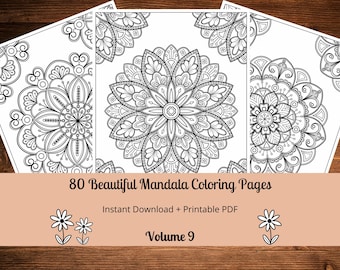 May include: Three black and white mandala coloring pages with intricate designs. The pages are titled "80 Beautiful Mandala Coloring Pages" and "Volume 9".