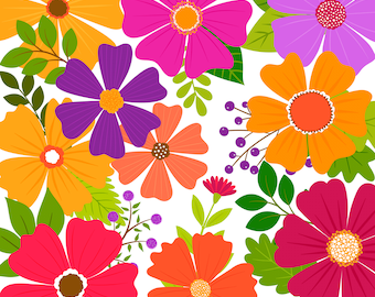 May include: A colorful floral design featuring various flowers in shades of orange, pink, purple, and red. The flowers are arranged in a cluster with green leaves and stems. The text "Happy Little Flowers Co." is at the bottom of the image.