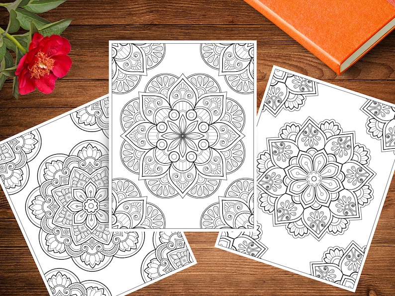 May include: Three black and white printable coloring pages featuring intricate mandala designs. Each page features a different mandala design with detailed patterns and swirls.