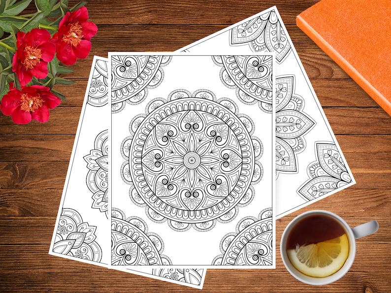 May include: Two black and white mandala coloring pages with intricate designs. The pages are on a wooden surface.