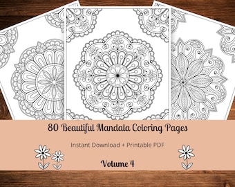 Może przedstawiać: Trzy czarno-białe strony do kolorowania z mandalami o skomplikowanych wzorach. Tekst na dole brzmi "80 Beautiful Mandala Coloring Pages", "Instant Download + Printable PDF" i "Volume 4".