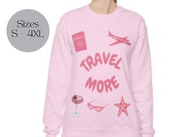 Travel More Sweatshirt, Womens Pink Print Sweater, Cute Girly Jumper, Travel Holiday Trip Plane Airport Outfit, Gift Present Idea for Her.