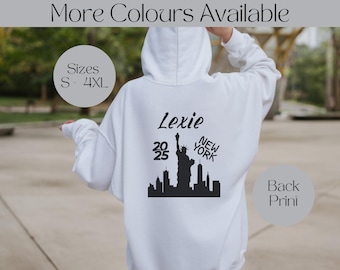 Personalised New York 2026 Hoodie, NYC Hooded Sweater, USA Back Print Jumper, America Trip Reveal Idea, Unisex Men Women, Gift for Him Her.