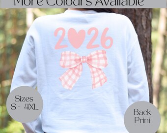 New Year 2026 Sweatshirt with Gingham Bow, Heart Sweater, Cosy Back Print Jumper, NYE Comfy Outfit, Pink Trendy Design.