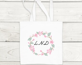 Personlig blommig tygväska med initialer, bomullsväska, present till henne, födelsedag/jul, matchande produkter finns tillgängliga, populärt just nu.