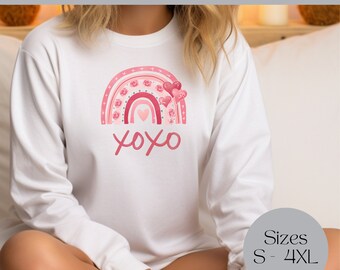 Cute Valentines Rainbow Pink Sweatshirt, Hearts Balloons Flowers Design Sweater, Kisses St Valentine Jumper, Lovely Girly Women’s Clothing.