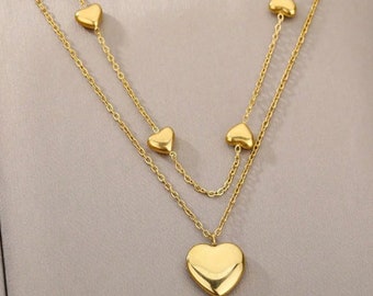Doppelschichtige Herz-Schlüsselbein-Ketten-Halsketten für Frauen, Edelstahl, vergoldet, Streetwear-Halskette