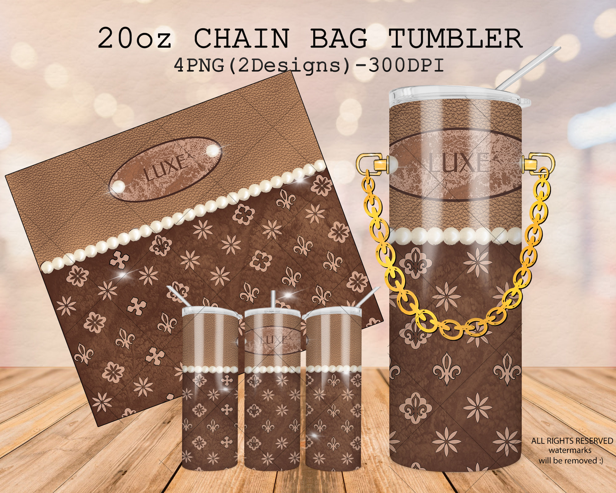 20 Oz Luxury Chain Bag Tumbler Brown Leather Design Seamless 