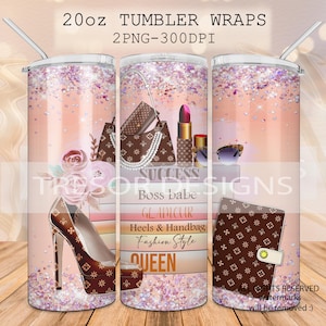 20 oz skinny fashion beker wrap png, boss babe design, handtas png, hoge hakken schoenen png, stapel boeken, lippenstift, succesboek, digitaal