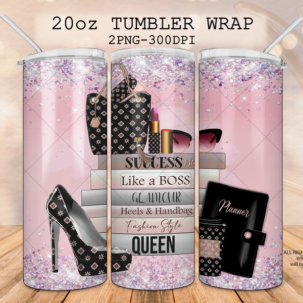 Like a Boss design 20 oz tumbler, luxury Handbag, High heels png, Stack of books, lipstick, Glam black and pink design tumbler fashion style