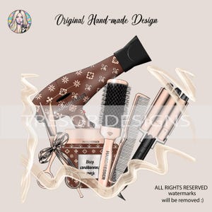 Puede incluir: Un conjunto de herramientas para peinar el cabello que incluye un secador de pelo, un cepillo redondo, una plancha de rizar, un peine y una botella de mascarilla capilar. Las herramientas son todas de color marrón y dorado con un patrón de flores y estrellas. El texto "HAIRDRESSER" está en la botella y el secador de pelo.