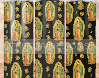 Onze-lieve-vrouw van Guadalupe religieuze pictogrammen patroon op zwarte achtergrond beker, digitale naadloze png voor sublimatie en ambachten magere beker