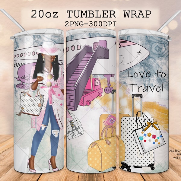 Travel Black girl tumbler wrap png, Vacay tumbler, 20 oz skinny tumbler, Air plane tumbler, Afro-american Woman, fashion luxury luggages png