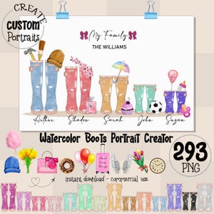 Rain boots portrait creator, custom family color wellies, watercolor boots png, gumboots clipart png, family portrait, shoes, commercial use