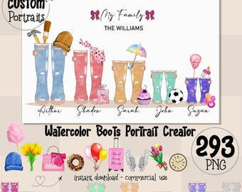 May include: Watercolor family portrait featuring personalized rain boots. Each pair of boots represents a family member, with names like Arthur, Shadow, and Sarah. The image includes additional decorative elements such as a soccer ball and a cupcake.