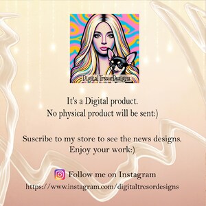 May include: Digital artwork featuring a woman with blonde hair and a small black and brown dog. The image includes the text "Digital Tresor Designs", "It's a Digital product. No physical product will be sent:)", and "Follow me on Instagram".