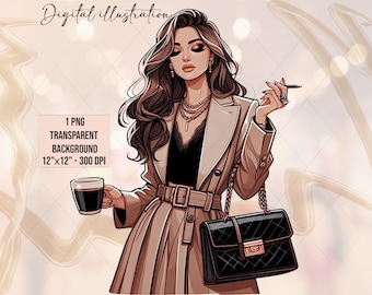 Lady Boss Clipart: Fashion Planner Girl Illustration (PNG Digital Download)