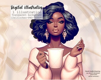 Afroamerykańska dziewczyna z kubkiem kawy clipart, Kawa clipart, Czarna amerykańska dziewczyna cyfrowa ilustracja, swobodny strój, słodka czarna królowa png