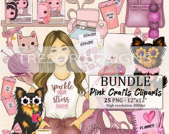 Girly Craft clipart bundle, Planner girl clipart, craft graphic, crafty girl clipart, creative pink craft stickers, sublimation craft png