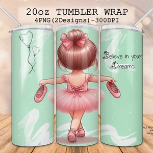 Envoltura de vaso de niña bailarina divertida de 20 oz, envolturas rectas y cónicas, vaso de bailarina, diseño de baile, regalo de zapatillas de ballet, globos, sueños