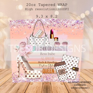 May include: A digital design featuring a high-heeled shoe, handbag, lipstick, and sunglasses. The design includes the text "Boss babe", "Glamour", "Heels & Handbag", "Fashion Style", and "Queen". The dimensions are 9.3 x 8.2 inches.
