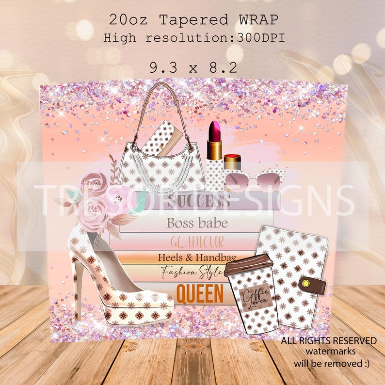 May include: A digital design featuring a high-heeled shoe, handbag, lipstick, and sunglasses. The design includes the text "Boss babe", "Glamour", "Heels & Handbag", "Fashion Style", and "Queen". The dimensions are 9.3 x 8.2 inches.