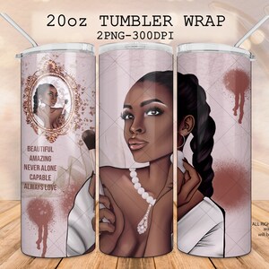 Involucro per bicchiere da donna nera da 20 once, bicchiere di bellezza per donna afroamericana, impacco per trucco di bellezza, design femminile digitale per sublimazione del bicchiere della regina nera