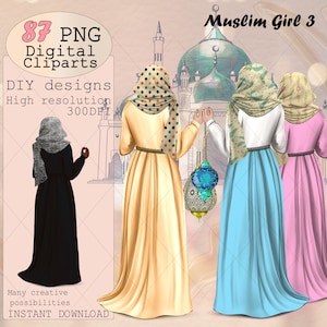 Sœurs musulmanes avec lanternes lumineuses clipart PNG, portrait BFF musulman personnalisé, sublimation ramadan day islamique église clipart, filles hijabs PNG