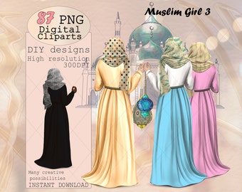 Imágenes prediseñadas de hermanas musulmanas: Chicas con hiyab y linternas (descarga digital PNG)