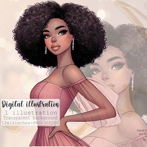Afroamerykanka w formalnej wieczorowej sukni, dziewczyna mody clipart, Czarna kobieta clipart, dziewczyna clipart, dziewczyna afro, Moda cyfrowy plik