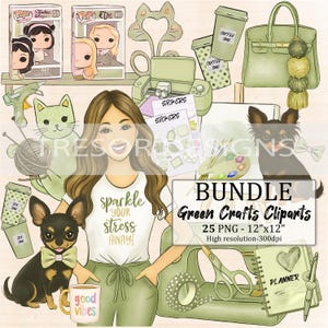 Craft clipart bundle, Planner girl clipart, crafting clipart set, crafty girl clipart, scrapbook green clipart, creative craft stickers PNG