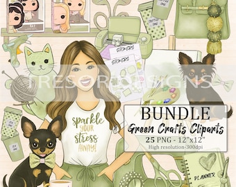 Craft clipart bundle, Planner girl clipart, crafting clipart set, crafty girl clipart, scrapbook green clipart, creative craft stickers PNG